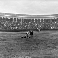 10- Un remate con el capote de rodillas y de espaldas al toro en el centro de la Real Maestranza de Sevilla.1917