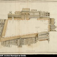 Plano de la plaza de San Francisco preparada para una corrida de toros con motivo de la estancia del rey. Incluye los alzados de las fachadas de los edificios que dan a la plaza. Acuarela sobre papel. 1730.   ©ICAS-SAHP, Archivo Municipal de Sevilla