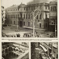  El incendio y posterior derribo por el estado ruinoso de la Audiencia Provincial el 6 de agosto de 1918 contribuyó de forma notoria a esa metamorfosis que estaba experimentando la plaza de San Francisco. El pavoroso fuego devastó el edificio del que solo se salvaría algo de documentación, parte del mobiliario, la escalera principal y el patio central. A ello contribuiría la labor de los guardias municipales de la 1ª Compañía, Higinio del Fresno, José Cañete y José Juan Jurado a quienes se le otorgó una mención especial en sus expedientes. ©ICAS-SAHP, Hemeroteca Municipal de Sevilla, Mundo Gráfico, Madrid, 1918, foto Pérez Romero 