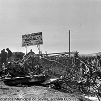 24. La avioneta cayó justo delante de la pancarta que señalaba el motivo del origen de esta manifestación popular sin precedentes. El fatal acercamiento al cauce del arroyo convertiría un día festivo en una terrible tragedia. 19 de diciembre de 1961 ©ICAS-SAHP, Fototeca Municipal de Sevilla, archivo Cubiles