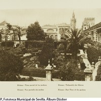 Vista de los jardines del Real Alcázar. A la derecha, la Galería del Grutesco. 1929 ©ICAS-SAHP, Fototeca Municipal de Sevilla. Álbum Dücker