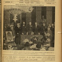 35. Primo de Rivera, Hijo Predilecto de Sevilla. La Unión, 15 de enero de 1927. En un destacado acto ceremonial en Sevilla, el Jefe del Gobierno, el general Primo de Rivera, recibió con distinción el pergamino que lo proclama Hijo Adoptivo y Predilecto de la ciudad. El evento, cubierto por el periódico La Unión y registrado por GELÁN, contó con la presencia de autoridades locales y destacados dirigentes. ©ICAS-SAHP, Hemeroteca Municipal de Sevilla.